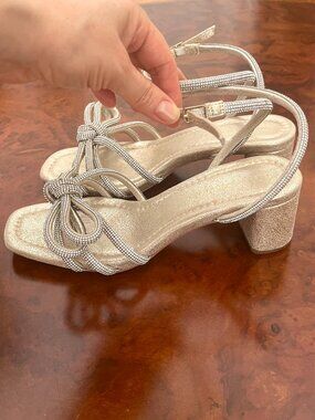 Loeffler Randall Mikel Crystal-Embellished Suede Bow Mid−Heel Sandal 7.5